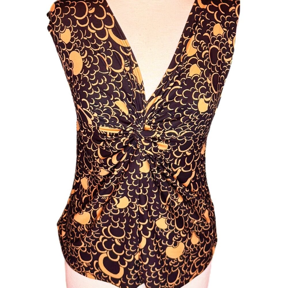 Jananas MSRP $52 Blouse Geometric SOFT Sleeveless Brown Gold V-neck Top Medium